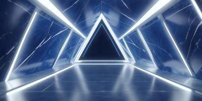 The primary subject of the image is a blue and white triangle. The setting is a room with a blue and white floor, and the visual style appears to be a digital art or illustration. The dominant colors in the image are blue and white, creating a calm and serene atmosphere.