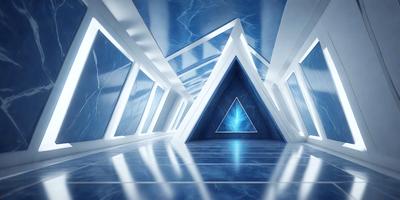 The primary subject of the image is a blue triangle, which is the main object, scene, or focus of the image. The setting is a large, open, and empty room with a blue floor. The visual style is a digital art, illustration, or drawing, as the blue triangle is the main element in the scene. The colors and mood are predominantly blue, creating a calm and serene atmosphere in the room.