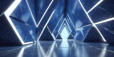 The primary subject of the image is a blue and white marble wall with a pattern of triangles. The setting is a hallway with a blue and white marble floor. The visual style is a photo of the marble wall and floor. The dominant colors are blue and white, creating a clean and elegant atmosphere.