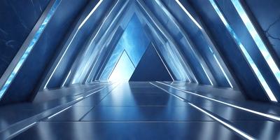 The primary subject of the image is a blue triangle, which is the main object, scene, or focus of the image. The setting/background features a blue tunnel or a blue room with a blue floor. The visual style of the image is digital art, as it appears to be a digital illustration or drawing. The colors and mood of the image are predominantly blue, creating a calm and serene atmosphere.