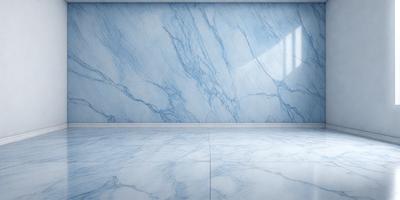 The primary subject of the image is a marble wall with a blue tint. The setting is a room with a blue tiled floor. The visual style is a photo, and the colors and mood are predominantly blue, creating a calm and serene atmosphere.