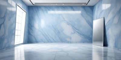 The primary subject of the image is a large, marble-like wall with a blue and white color scheme. The setting is a room with a white floor, and the visual style appears to be a photo. The colors and mood of the image are predominantly blue and white, creating a clean and elegant atmosphere.
