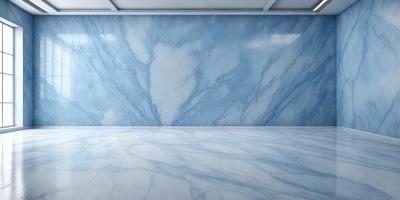 The primary subject of the image is a marble wall with a blue and white pattern. The setting is a room with a white floor, and the visual style is a photo. The dominant colors are blue and white, creating a calm and sophisticated atmosphere.