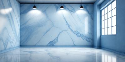 The primary subject of the image is a large, clean, and empty room with a blue marble wall. The setting is a modern, minimalist space with a blue marble wall and a blue floor. The visual style is a high-quality photo, showcasing the room's design and the marble wall's texture. The colors and mood of the image are predominantly blue, creating a calm and serene atmosphere.
