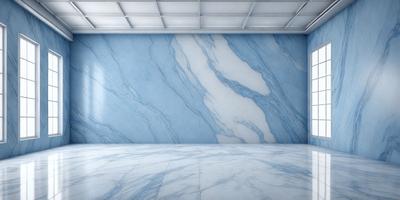 The primary subject of the image is a marble wall with a blue tint. The setting is a room with a white floor, and the visual style is a photo. The dominant colors are blue and white, creating a calm and sophisticated atmosphere.