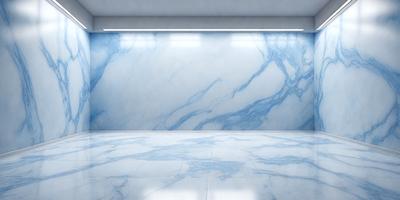 The primary subject of the image is a large, blue marble wall. The setting is a room with a white floor, and the visual style is a photo. The dominant colors are blue and white, creating a calm and serene atmosphere.