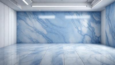 The primary subject of the image is a large, blue marble wall. The setting is a room with a white floor, and the visual style appears to be a photo. The dominant colors are blue and white, creating a calm and serene atmosphere.