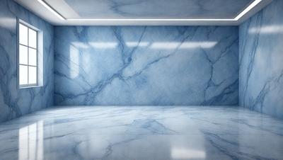 The primary subject of the image is a large, blue marble wall. The setting is a room with a blue marble floor, and the visual style is a photo. The dominant colors are blue and white, creating a calm and serene atmosphere.