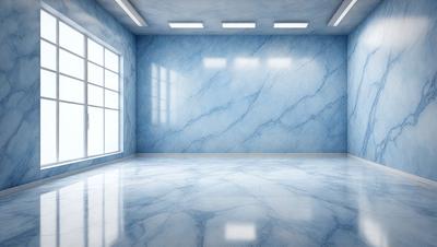 The primary subject of the image is a large, empty room with a blue marble wall. The setting is a clean, modern space with a blue marble wall and a blue marble floor. The visual style is a digital art, illustration, or drawing, creating a realistic and detailed representation of the room. The colors and mood of the image are predominantly blue, giving the space a calm and serene atmosphere.