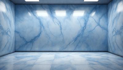 The primary subject of the image is a large, blue marble wall. The setting is a room with a blue marble floor, and the visual style is a photo. The dominant colors are blue and white, creating a calm and serene atmosphere.