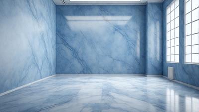 The primary subject of the image is a large, empty room with a blue marble wall. The setting is a spacious, clean environment, and the visual style is a photo. The dominant colors in the image are blue and white, creating a calm and serene atmosphere.