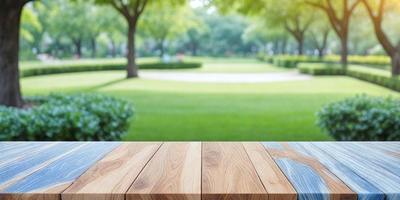 The primary subject of the image is a wooden table with a blue and white checkered pattern. The table is placed in a park setting, surrounded by grass and trees. The visual style of the image is a photo, capturing the natural environment and the wooden table. The colors and mood of the image are predominantly green and serene, reflecting the peaceful atmosphere of the park.