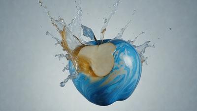 The primary subject of the image is a blue glass apple, which is the main object, scene, or focus of the image. The setting is a white background, and the visual style is a digital art or illustration. The dominant colors are blue and white, creating a calm and serene atmosphere.