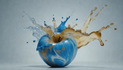 The primary subject of the image is a blue and brown apple. The apple is placed on a white surface, which serves as the background. The visual style of the image is a combination of photo and digital art, creating a unique and artistic representation of the apple. The dominant colors in the image are blue and brown, giving the apple a vibrant and earthy appearance.
