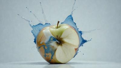 The primary subject of the image is a half-eaten apple with blue and white paint dripping from it. The apple is placed on a white surface, which serves as the background. The visual style of the image is a combination of a photo and digital art, as the apple appears to be digitally manipulated to create the dripping effect. The colors and mood of the image are predominantly blue and white, with a slightly eerie or surreal atmosphere created by the dripping paint.
