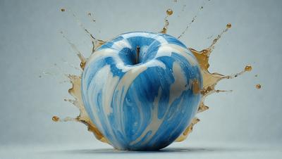 The primary subject of the image is a blue and white apple. The apple is placed on a white surface, which serves as the background. The visual style of the image is a combination of photo and digital art, creating a unique and artistic representation of the apple. The dominant colors in the image are blue and white, giving the apple a striking and eye-catching appearance.