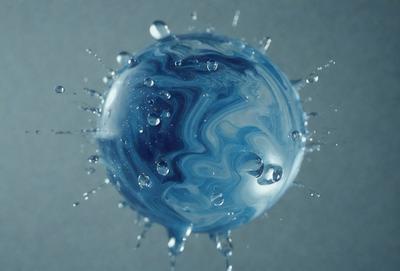 The primary subject of the image is a blue, swirling, and bubbling ball. The setting is a gray background, which contrasts with the vibrant blue of the ball. The visual style appears to be a digital art or illustration, as the ball is depicted in a fluid and dynamic manner. The colors and mood of the image are predominantly blue, creating a sense of calmness and tranquility.