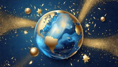 The primary subject of the image is a blue and gold globe, which is the main object, scene, or focus of the image. The setting is a blue background, and the visual style is a digital art or illustration. The colors and mood of the image are predominantly blue and gold, creating a sense of elegance and sophistication.