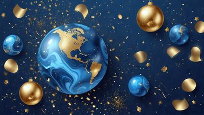 The primary subject of the image is a blue and gold globe, which is the main object in the scene. The globe is set against a blue background, and it appears to be a digital art or illustration. The visual style gives the image a vibrant and colorful atmosphere. The dominant colors are blue and gold, creating a sense of warmth and sophistication.