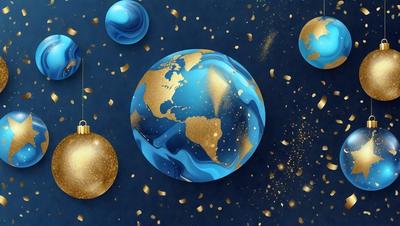The primary subject of the image is a blue and gold globe, which is the main object in the scene. The setting is a blue background, and the visual style is a digital art illustration. The colors and mood of the image are predominantly blue and gold, creating a sense of elegance and sophistication.
