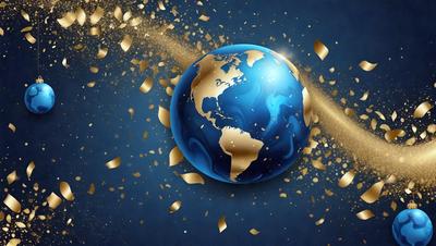 The primary subject of the image is a blue and gold globe, which is the main object, scene, or focus of the image. The setting is a blue background, and the visual style is a digital art or illustration. The colors and mood of the image are predominantly blue and gold, creating a sense of elegance and sophistication.