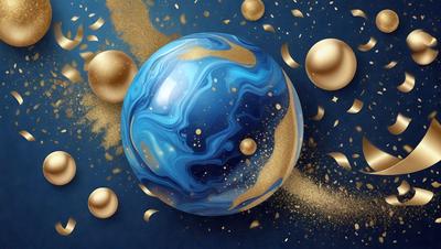 The primary subject of the image is a blue and gold planet, which is the main focus of the scene. The setting is a blue background, and the visual style appears to be a digital art or illustration. The colors and mood of the image are predominantly blue and gold, creating a sense of depth and richness.