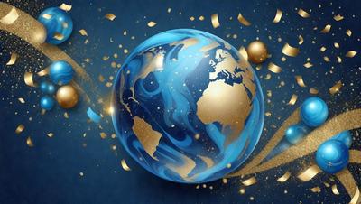 The primary subject of the image is a blue and gold globe, which is the main object, scene, or focus of the image. The setting is a blue background, and the visual style is a digital art or illustration. The dominant colors are blue and gold, and the overall atmosphere is vibrant and eye-catching.