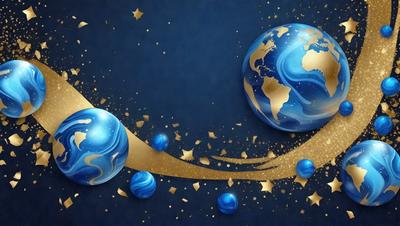 The primary subject of the image is a blue and gold globe, which is the main object in the scene. The setting is a blue background, and the visual style is a digital art illustration. The colors and mood of the image are predominantly blue and gold, creating a sense of elegance and sophistication.