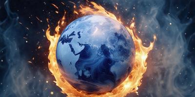 The primary subject of the image is a blue and white globe, which is the main object, scene, or focus of the image. The setting or background of the image features a fire, which adds a dramatic and intense atmosphere to the scene. The visual style of the image is a combination of photo and digital art, creating a unique and captivating representation of the Earth. The colors and mood of the image are predominantly blue and white, with the fire adding a touch of red and orange, creating a sense of