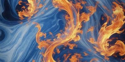 The primary subject of the image is a blue and orange flame, which appears to be a digital art or illustration. The setting is a blue background, and the visual style gives the impression of a painting or a pattern. The dominant colors are blue and orange, creating a vibrant and lively atmosphere.
