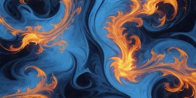 The primary subject of the image is a blue and orange swirling pattern, which appears to be a digital art or illustration. The setting is a blue background, and the visual style suggests that it is a digital artwork or a painting. The dominant colors in the image are blue and orange, creating a vibrant and dynamic atmosphere.