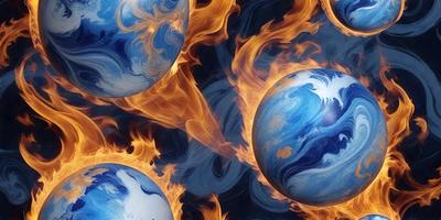 The primary subject of the image is a group of three blue and white balls, each with a different design, floating in a blue and orange swirling background. The setting appears to be a space or an artistic creation, as the balls are floating in a swirling pattern. The visual style of the image is a combination of digital art and illustration, creating a unique and captivating scene. The dominant colors in the image are blue, white, and orange, giving the scene a vibrant and lively atmosphere.