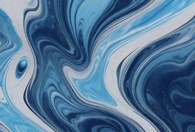 The primary subject of the image is a blue and white swirling pattern, which appears to be a painting or a digital artwork. The setting is a white wall, and the visual style is a combination of photo and digital art. The dominant colors are blue and white, creating a calming and soothing atmosphere.