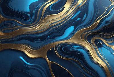 The primary subject of the image is a blue and gold swirling pattern, which appears to be a digital art or illustration. The setting is a blue background, and the visual style is a combination of digital art and illustration. The dominant colors are blue and gold, creating a sense of depth and sophistication.