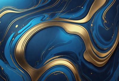 The primary subject of the image is a blue and gold swirling pattern, which appears to be a digital art or illustration. The setting is a blue background, and the visual style is a combination of digital art and illustration. The dominant colors are blue and gold, creating a sense of depth and richness in the overall atmosphere.