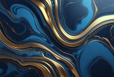 The primary subject of the image is a blue and gold patterned surface, which appears to be a wall or a piece of artwork. The setting is a room with a blue background, and the visual style is a combination of digital art and illustration. The dominant colors are blue and gold, creating a sense of depth and sophistication.