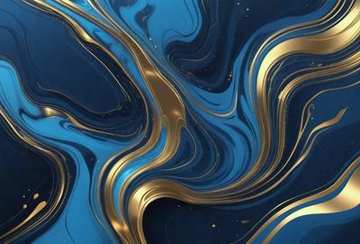 The primary subject of the image is a blue and gold swirling pattern, which appears to be a digital art or illustration. The setting is a blue background, and the visual style is a combination of digital art and illustration. The dominant colors are blue and gold, creating a sense of depth and richness in the overall atmosphere.