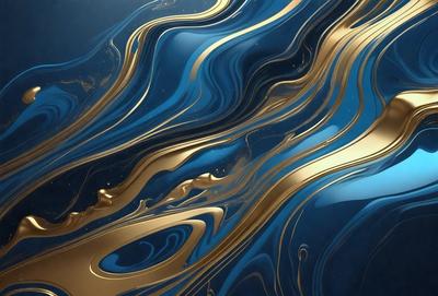 The primary subject of the image is a blue and gold swirling pattern, which appears to be a digital art or illustration. The setting is a blue background, and the visual style is a combination of digital art and illustration. The dominant colors are blue and gold, creating a sense of depth and sophistication.
