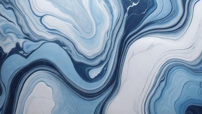 The primary subject of the image is a blue and white painting featuring a swirling pattern. The setting is a white wall, and the visual style appears to be a digital art or illustration. The dominant colors in the painting are blue and white, creating a calming and serene atmosphere.