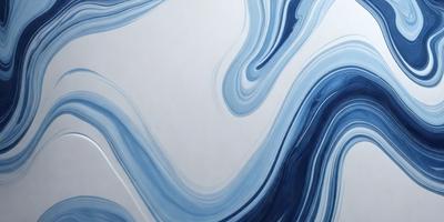 The primary subject of the image is a blue and white painting, which features a swirling pattern. The setting is a white wall, and the visual style appears to be a digital art or illustration. The dominant colors in the painting are blue and white, creating a calm and soothing atmosphere.