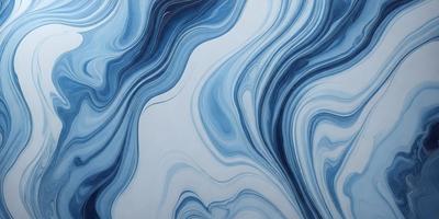 The primary subject of the image is a blue and white painting of a wave. The setting is a white wall, and the visual style appears to be a digital art or illustration. The dominant colors in the painting are blue and white, creating a calming and serene atmosphere.
