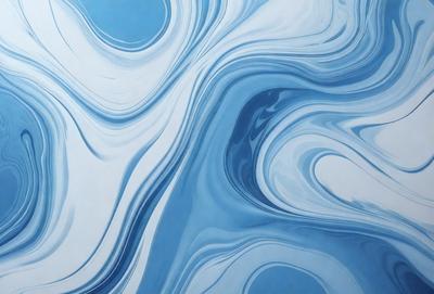 The primary subject of the image is a blue and white painting of waves. The setting is a blue background, and the visual style appears to be a digital art or illustration. The dominant colors are blue and white, creating a calm and serene atmosphere.
