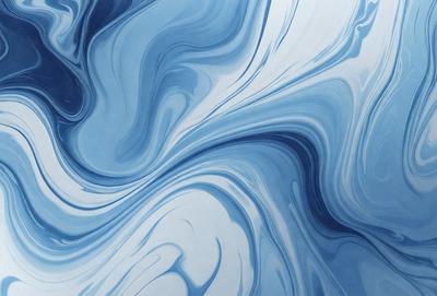 The primary subject of the image is a blue and white painting of a swirling, flowing pattern. The setting is a white background, and the visual style appears to be a digital art or illustration. The dominant colors in the painting are blue and white, creating a calming and serene atmosphere.