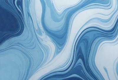 The primary subject of the image is a blue and white painting featuring a wave-like pattern. The setting is a wall, and the visual style appears to be a digital art or illustration. The dominant colors in the painting are blue and white, creating a calming and serene atmosphere.
