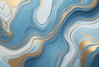 The primary subject of the image is a blue and gold wallpaper with a pattern of swirls and waves. The setting is a room with a blue and gold color scheme. The visual style is a combination of digital art and illustration, creating a unique and eye-catching design. The dominant colors are blue and gold, giving the wallpaper a luxurious and elegant appearance.