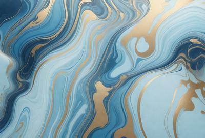 The primary subject of the image is a blue and gold swirling pattern, which appears to be a painting or a digital artwork. The setting is a blue background, and the visual style is a combination of photo and digital art. The dominant colors are blue and gold, creating a sense of depth and richness in the artwork.