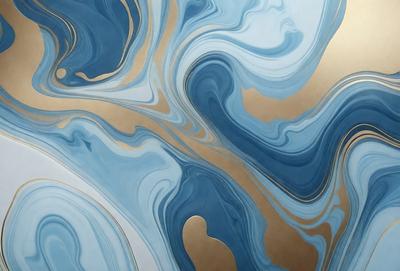 The primary subject of the image is a blue and gold swirling pattern, which appears to be a painting or a digital artwork. The setting is a wall, and the visual style is a combination of painting and digital art. The dominant colors are blue and gold, creating a sense of depth and richness in the artwork.