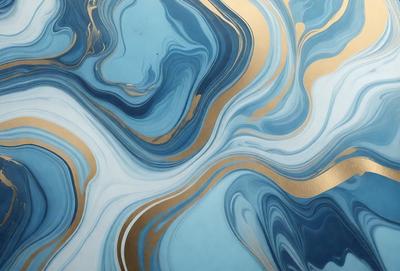 The primary subject of the image is a blue and gold swirling pattern, which appears to be a painting or a digital artwork. The setting is a blue background, and the visual style is a combination of photo and digital art. The dominant colors are blue and gold, creating a vibrant and lively atmosphere.