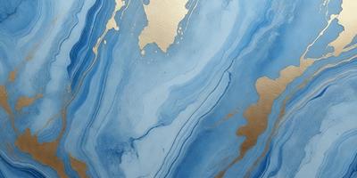 The primary subject of the image is a blue and gold marbled surface, which appears to be a piece of art or a decorative item. The setting is a room with a blue and gold marbled wall, and the visual style is a combination of digital art and illustration. The dominant colors in the image are blue and gold, creating a luxurious and elegant atmosphere.