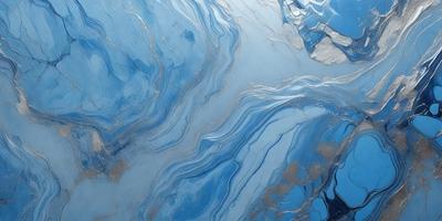 The primary subject of the image is a blue and white swirling pattern, which appears to be a painting or a digital artwork. The setting is a blue background, and the visual style is a combination of photo and digital art. The dominant colors are blue and white, creating a calming and serene atmosphere.